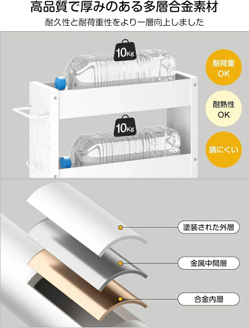 隙間収納　幅13cm スリムストレージ　キャスター付き　4段（ホワイト）SR02W