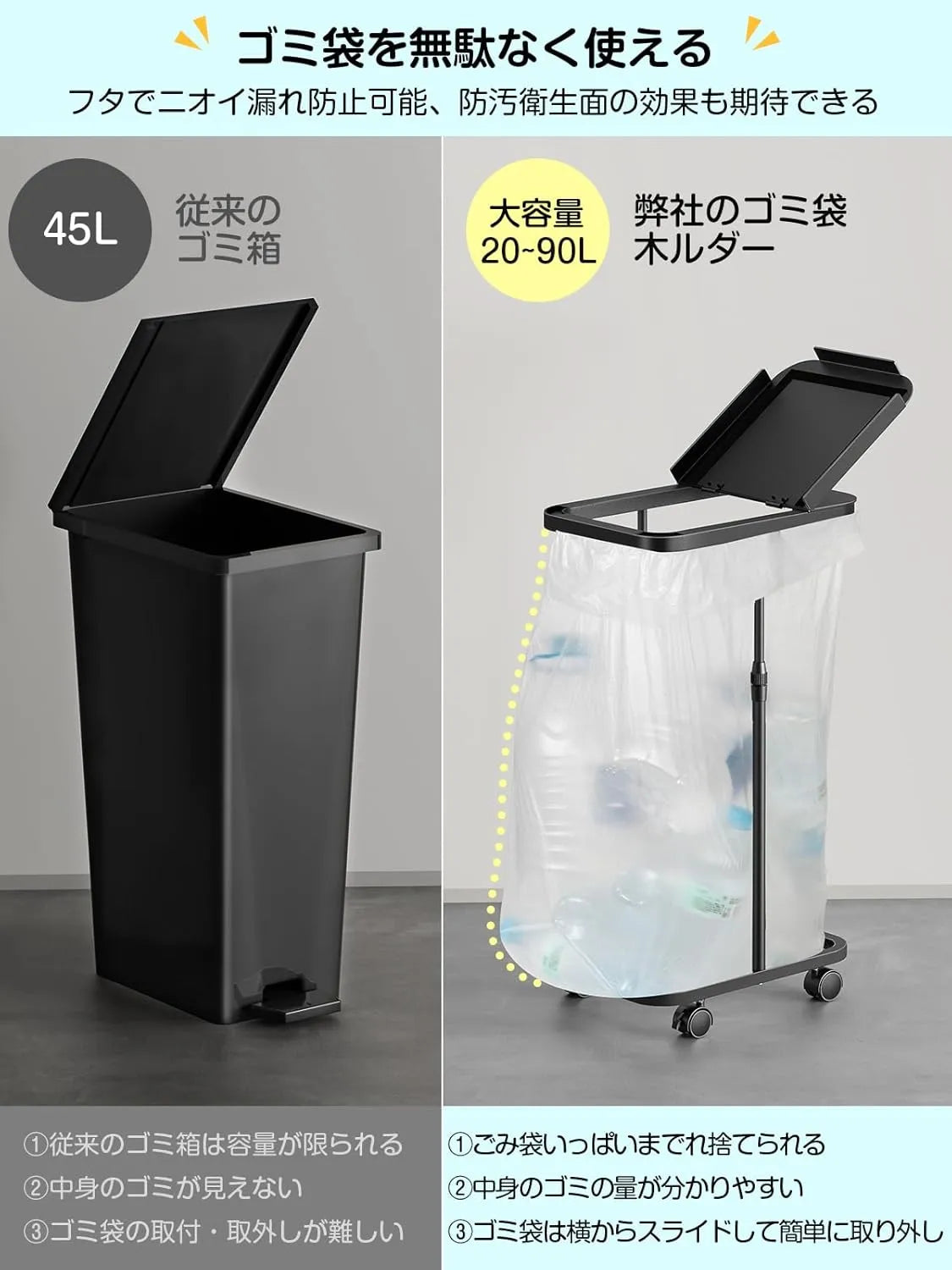[高さ伸縮可]ゴミ袋ホルダー 20L～90L対応 蓋付きゴミ箱　SH28W