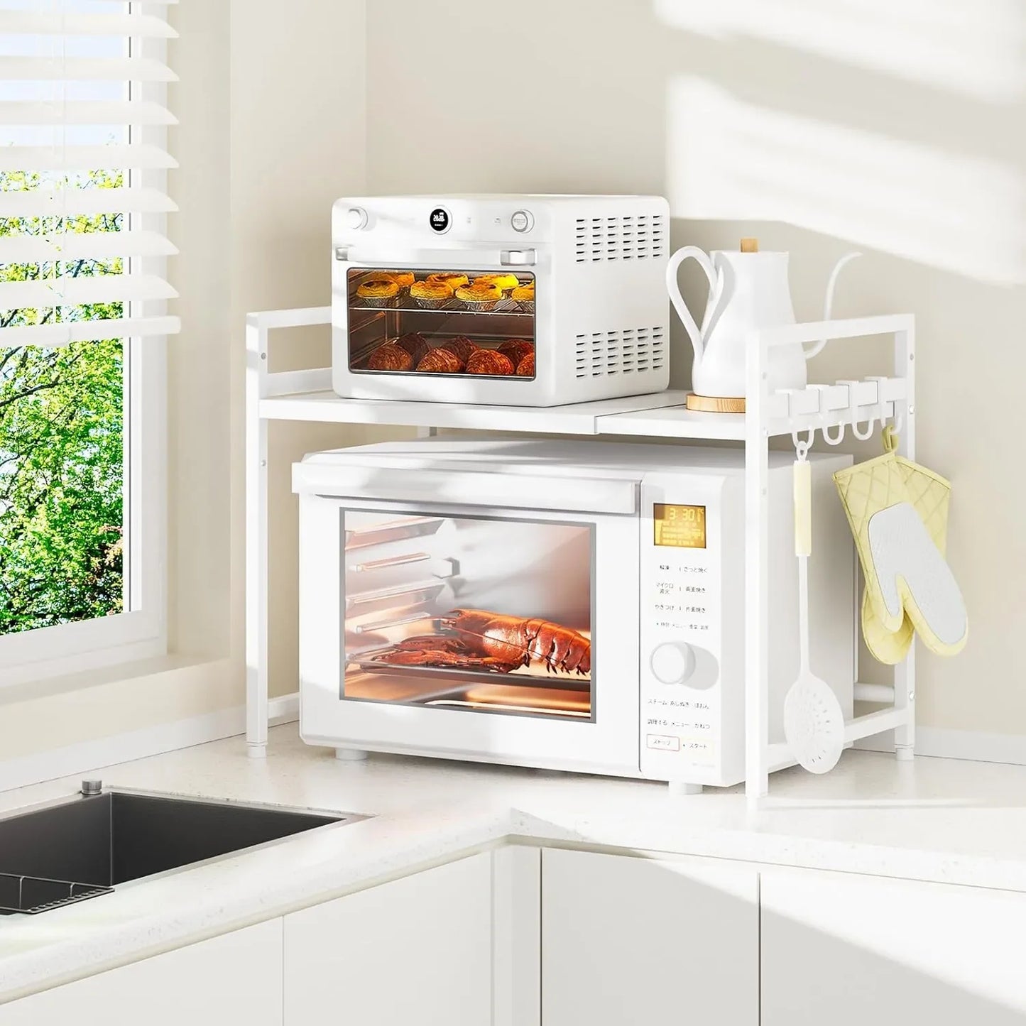 レンジ上ラック/レンジ置き台 伸縮式 幅36~65cm 棚板高さ調節可  SH06W