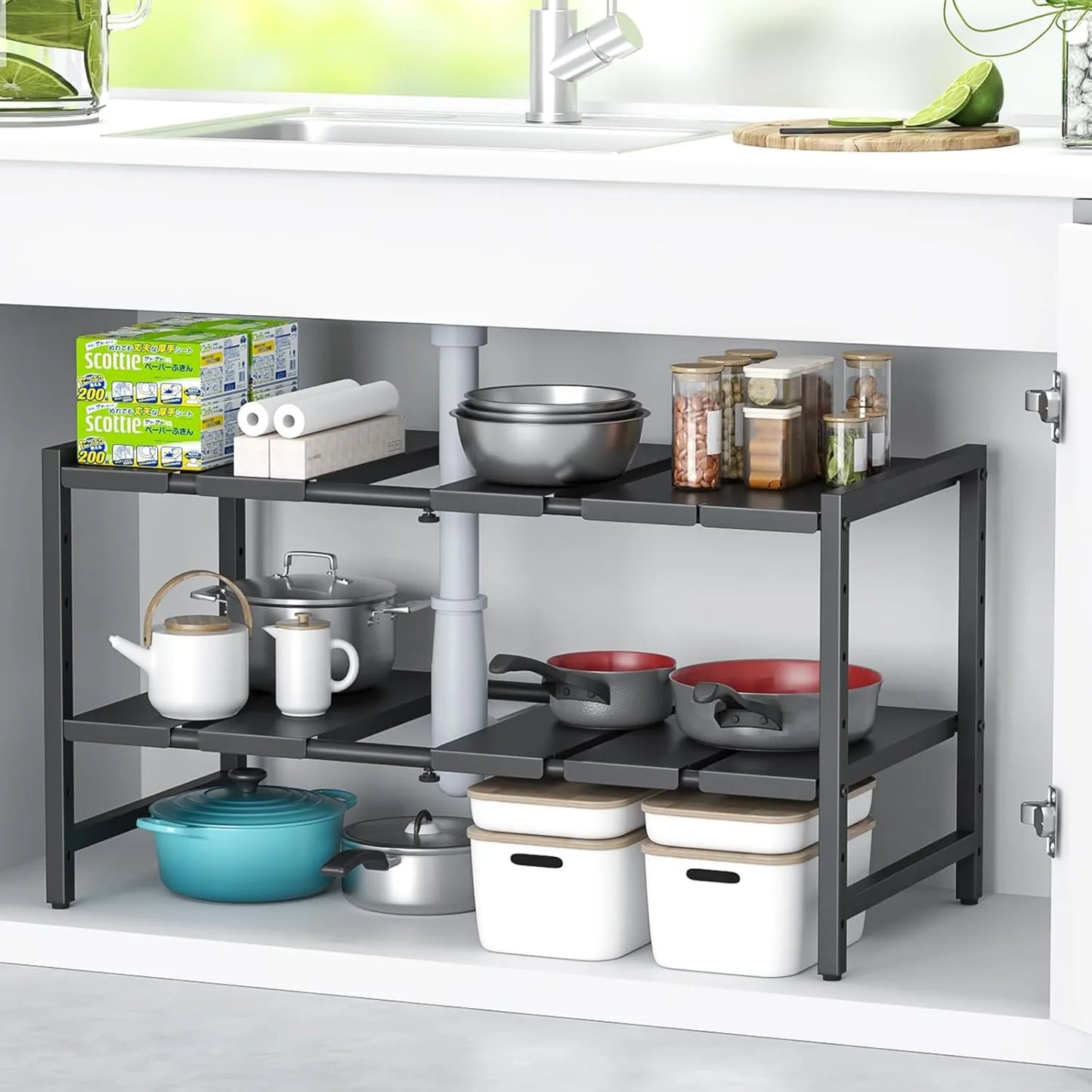 【高さ調整・横幅伸縮40～70cm】シンク下収納ラック 洗面台下 収納 2段　SH45W