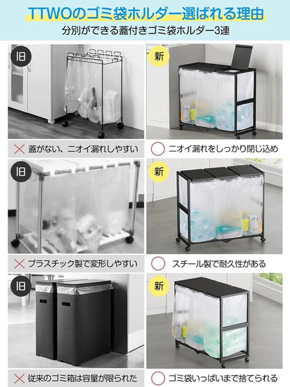 ゴミ箱 3分別 ダストワゴン ゴミ袋ホルダー 高さ三段調節20~45L袋対応　SH49W