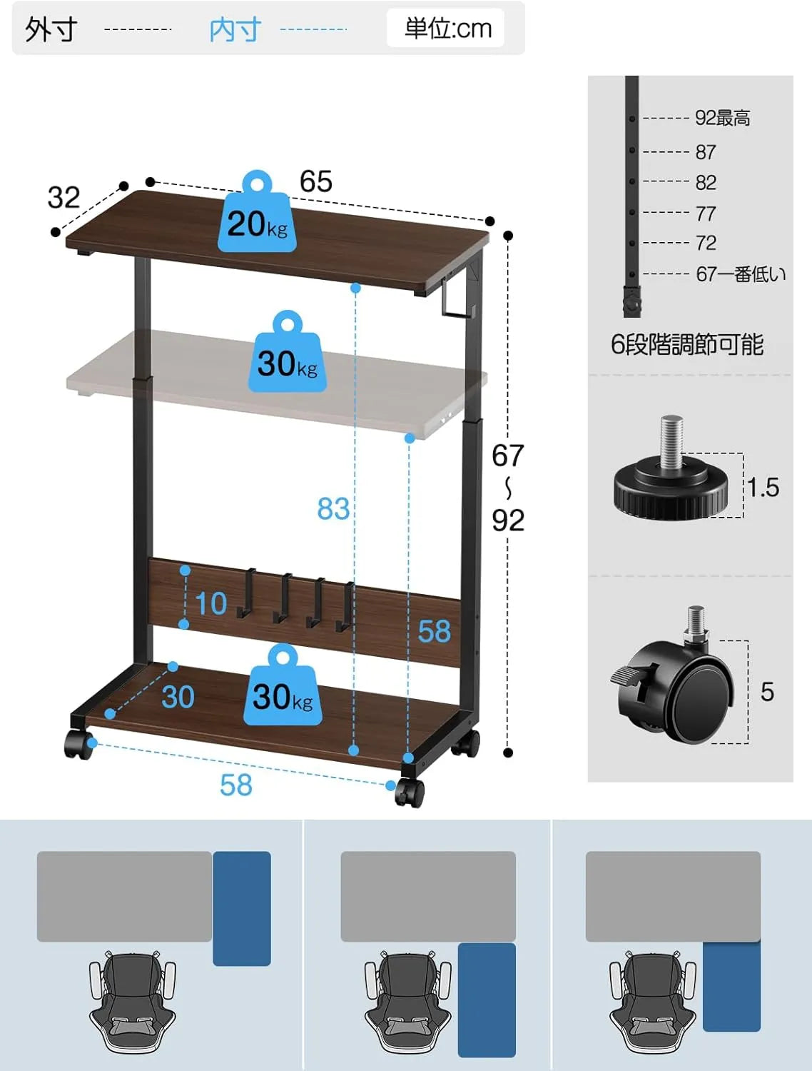 【昇降式】キャスター付きパソコンワゴン｜コ字型　SH50