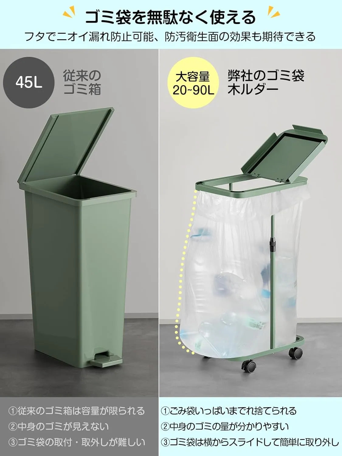 [高さ伸縮可]ゴミ袋ホルダー 20L～90L対応 蓋付きゴミ箱　SH28W