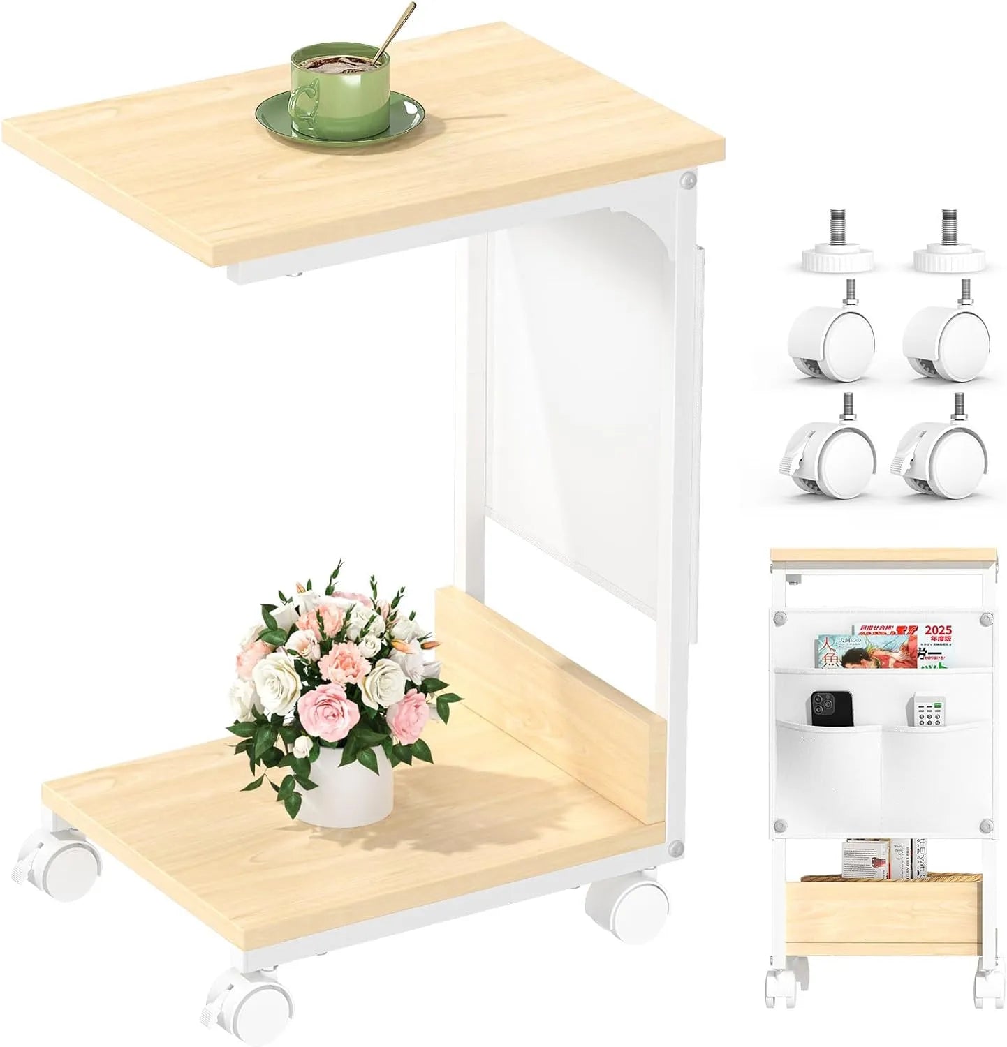 【収納袋付き】サイドテーブル ナイトテーブル｜キャスター・アジャスター付き　SH56W