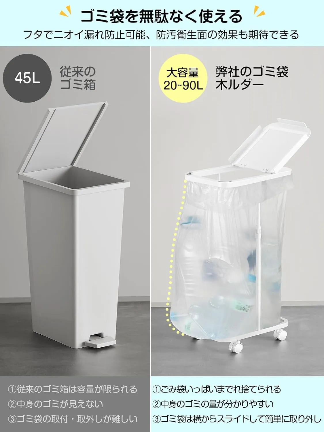 [高さ伸縮可]ゴミ袋ホルダー 20L～90L対応 蓋付きゴミ箱　SH28W