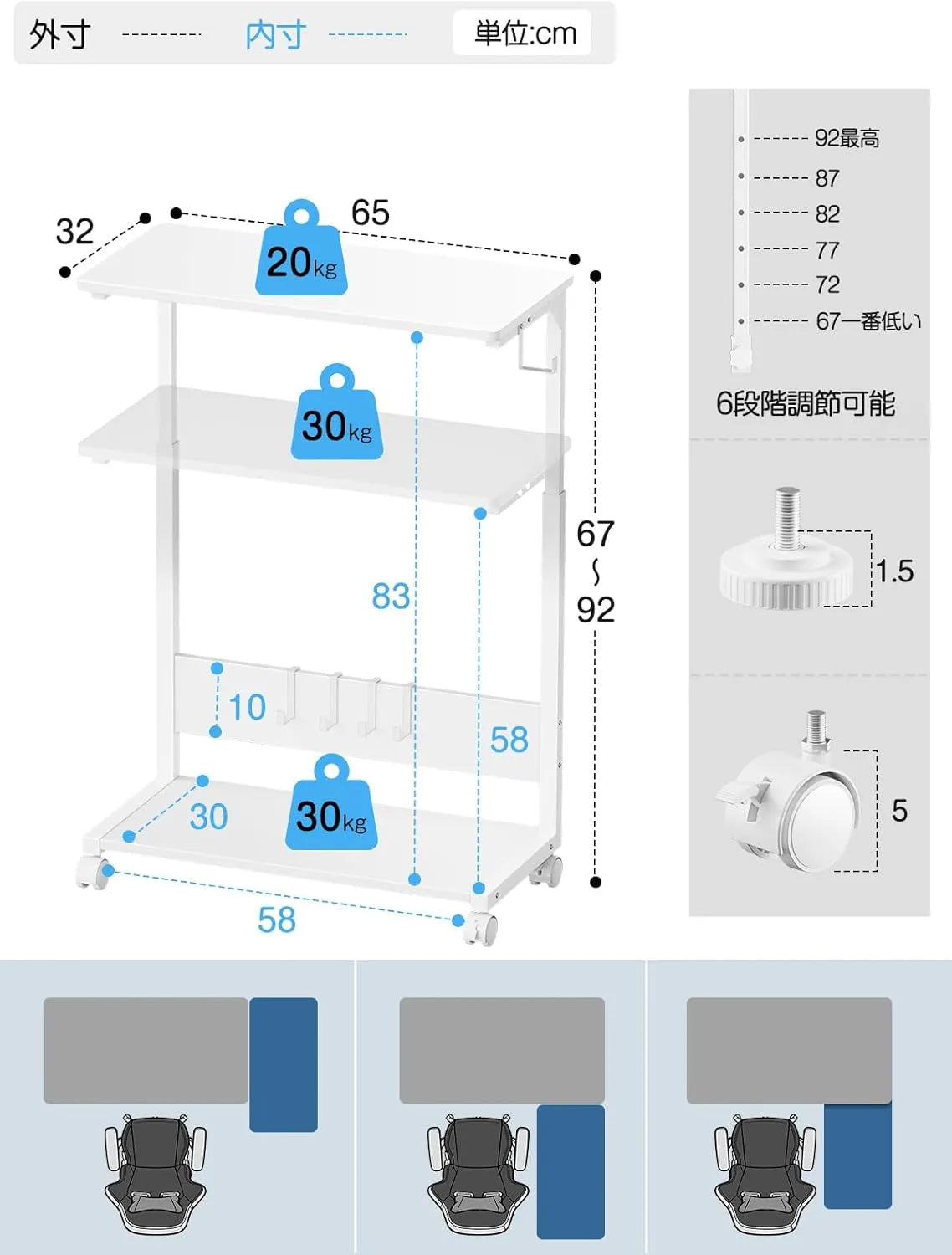 【昇降式】キャスター付きパソコンワゴン｜コ字型　SH50