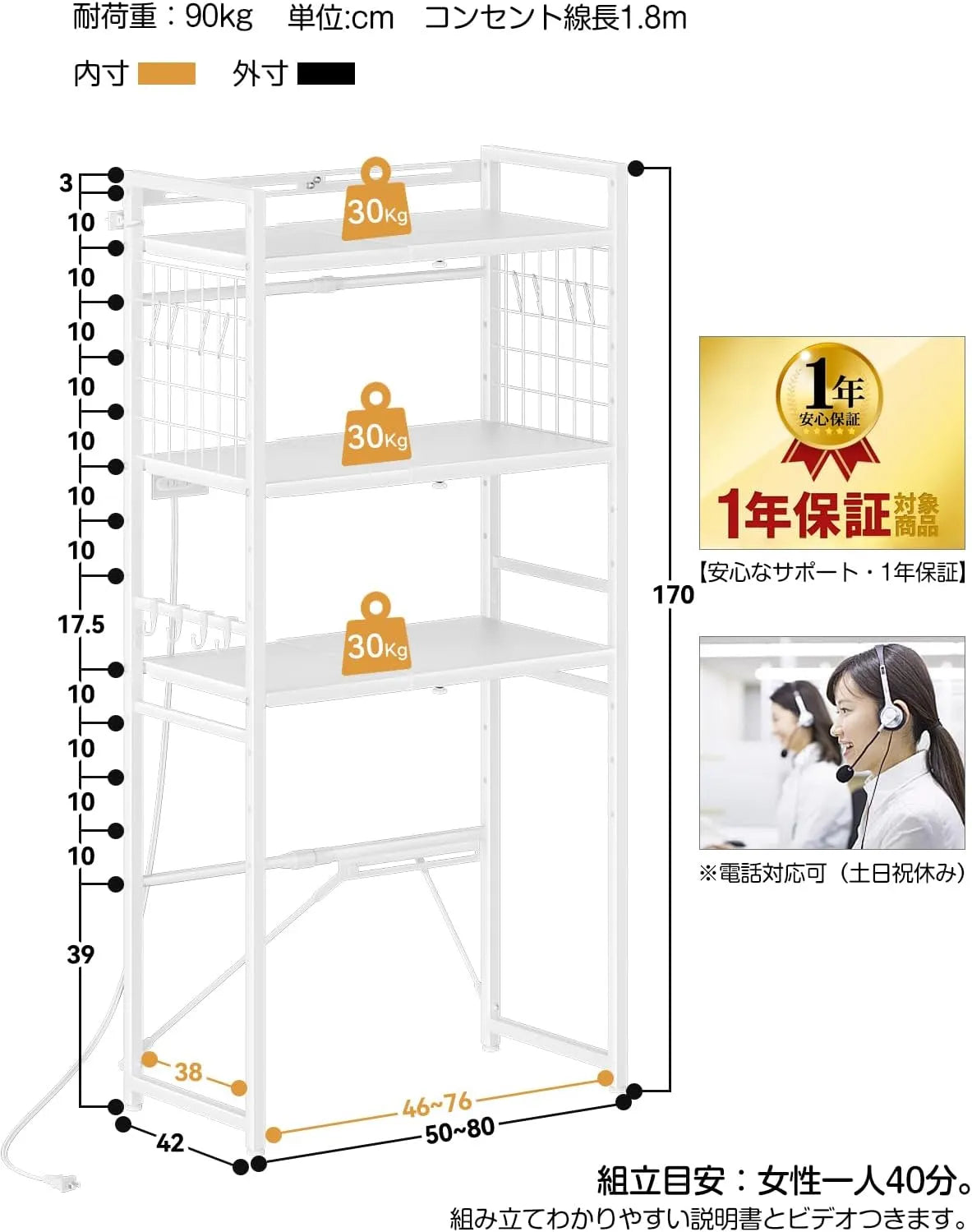 【高さ170cm】ゴミ箱・冷蔵庫上ラック｜口コンセント付き SH38W